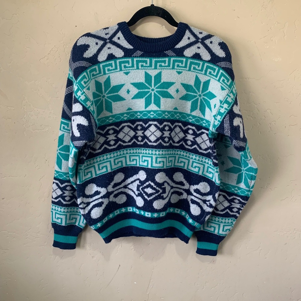 Men's Vintage Ossi Skiwear Patterned Acrylic Wool Sweatrr Sz Small Blue Teal
